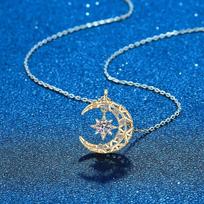 Moissanite deimantų karoliai 14K rožiniu auksu padengti 925 sterlingų sidabro mėnulio žvaigždės pakabukas karoliai, skirti moterims, merginoms, puikūs papuošalai 0.5ct moissanite