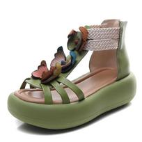Fashion High Quality 5CM Cow Genuine Leather Flats Flower Women Boots Hollow ZIP Pumps Shoes Summer Platform Wedge Mary Jane Sandals 35 žalia