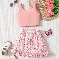 2026 Summer Girls Fashionable Sleeveless Vest Top Ruffled Decoration Casual Skirt Suit 90cm rožinė