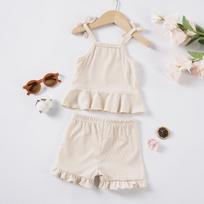 Baby Girl Sling Suit Solid Color Newborn Sleeveless Ruffled Shorts Casual Children's Clothing Summer 6803m smėlis