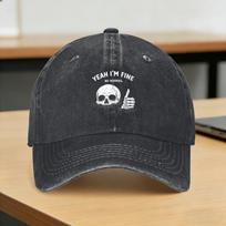 Yeah I‘M Fine No Worries Skull Vintage Humor Quote Washed Baseball Cap  Streetwear Sun Hip Hop Hats Summer Hippie Snapback Cap One Size