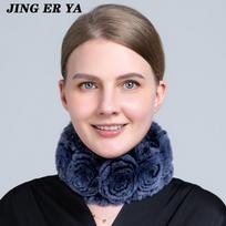 JINGERYA Women Real Fur Handmade Stretch Fur Scarf Knit Genuine Rex Rabbit Fur Headbands Girls Natural Fur Ring Cowl Snood Scarves Winter