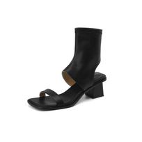 Krazing Pot Microfiber Peep Toe Thick Med Heels Summer Boots Shoes Slip on Casual Sexy Lady European Women Sandals 34 juoda