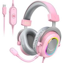 FIFINE RGB Gaming Headset with 7.1 Surround Sound/3-EQ/MIC,Over-ear Headphone with In-line Control for PC PS4 PS5 Ampligame-H6W rožinė