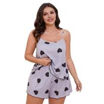 2 Pcs/Set Women Vest Shorts Suit Collarless Sleeveless Heart Printing Top High Waist Short Trousers Homewear Loungewear Outfit Summer Loungewear XXXL pilka