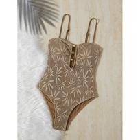 Leaves Print One Piece Swimsuit Hollow Out Beaded String Bohemian Swimwear Tummy Control Mesh Women Bathing Suit XL balta