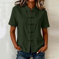 Women's Casual Fashion Short Sleeve Mandarin Collar Linen Cotton Top with Traditional Knot Button Closure Suitable for Everyday Wear L