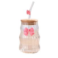Valentine's Day Gift Bow-Knot Glass Cup with Lid With Straw Transparent Juice Cup Wavy Design Coffee Cup Milk Cup 501-600ml