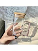 1 pc Bamboo covered straw square glass cup, transparent water cup with handle, iced coffee cup, juice rožinė