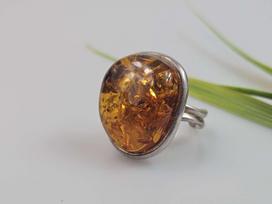 Konjakinis Gintarinis žiedas Amber ring didelis žiedas su gintaru ir sidabru