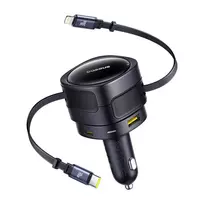 Baseus Enjoyment Max automobilių įkroviklis su USB-C+Lightning kabeliais ir USB-A+USB-C jungtimis, 90W, juodas, universalus