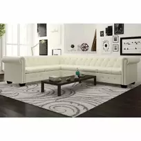Chesterfield kampinė šešiavietė sofa, dirbtinė oda, balta