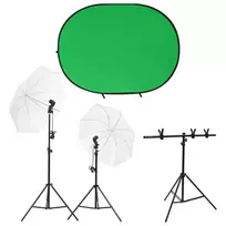Fotostudijos rinkinys su apšvietimo rinkiniu ir fonu