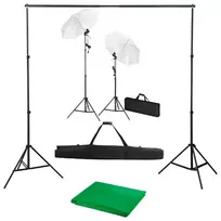 Fotostudijos komplektas su fonu, šviestuvais ir skėčiais