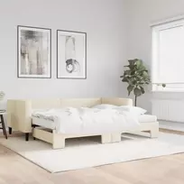 Lova su ištraukiama dalimi/čiužiniu, kreminė, 90x200cm, audinys
