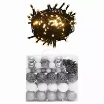 Eglutės žaisliukų rinkinys su viršūne ir 300 LED, 120 dalių