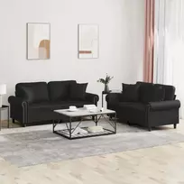 Sofos komplektas su pagalvėmis, 2 dalių, juodas, dirbtinė oda