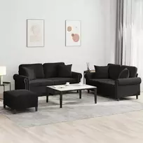 Sofos komplektas su pagalvėmis, 3 dalių, juodas, aksomas