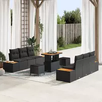Sodo Sofų Rinkinys su pagalve 9 pcs Juoda Poli ratanas
