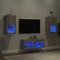 Sieninės TV spintelės su LED lemputėmis, 4 dalių, pilkos ąžuolo
