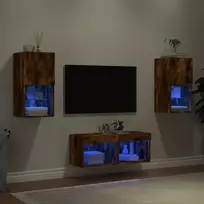 Sieninės TV spintelės su LED lemputėmis, 4 dalių, dūminės