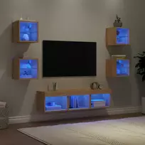 Sieninė TV sekcija su LED, 7 dalių, ąžuolo, apdirbta mediena