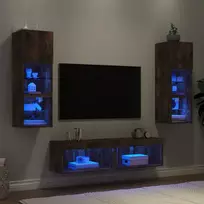 Sieninė TV sekcija su LED, 6 dalių, dūminio ąžuolo, mediena