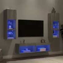 Sieninė TV sekcija su LED, 6 dalių, pilka ąžuolo, mediena
