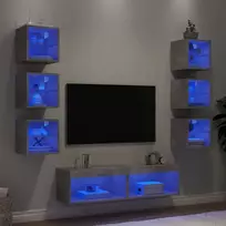 Sieninė TV sekcija su LED, 8 dalių, betono, apdirbta mediena