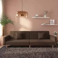 Dvivietė sofa-lova dvejomis pagalvėmis, rudos spalvos, audinys