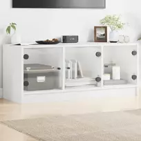 TV spintelė su stiklinėmis durelėmis, balta, 102x37x42cm