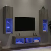 Sieninė TV sekcija su LED, 5 dalių, pilka ąžuolo, mediena
