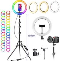 RGB žiedinė lempa su trikoju stovu, 192 cm telefono laikiklio žiedinė lempa, žiedinė šviesa, žiedinis apšvietimas, žiedinė lempa telefonui