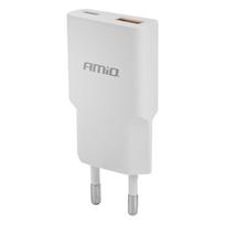 Sieninis įkroviklis AMIO 230V 20W USB-C USB-A White