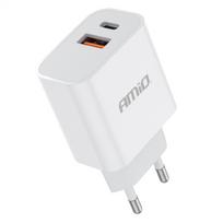Sieninis įkroviklis AMIO 230V 20W USB-A USB-C White Quick Charge