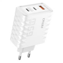 Sieninis įkroviklis AMIO 240V 65W USB-A 2x USB-C QC White