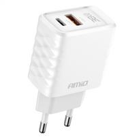 Sieninis įkroviklis AMIO 240V 38W USB-A USB-C QC White