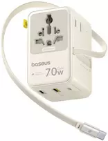„Baseus EnerCore CG11 70W 6 viename“ kelioninis adapteris su ištraukiamu USB-C laidu – baltas