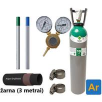 TIG suvirinimo priedų kompl.: užpildytas 10 l Argono balionas, reduktorius Ar/Co2, dujų žarna, volframiniai elektrodai, sąv