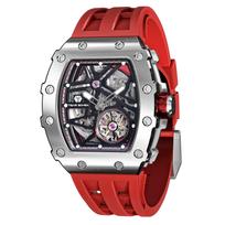 TSAR BOMBA Men's Skeleton Quartz Watch Japanese Movement Sapphire Crystal Red Silicone Strap 50M Water Resistant