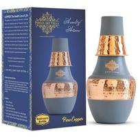 Pure Copper Bedroom Water Bottle with Inbuilt Glass, Surahi Design Grey Half Silk Half Hammered Finish Storage Drinkware, Volume 1250 ml