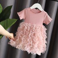 Little Girls Princess Spliced Mesh Puffy Cake Summer Kids Dress 80cm rožinė