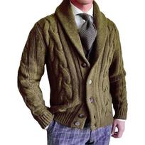 2025 Men's Lapel Long Sleeve Cable Knit Cardigan Sweater Coat - Autumn/Winter Collection M alyvuogių žalios spalvos