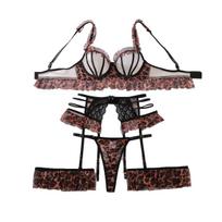 Women's Sexy Bra Set Mesh & Lace Spliced Lingerie Set Leopard Print Hollow Out Thin Cup Bra Set S leopardas
