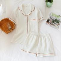 Summer Couple Pajama Set Pure Cotton Crepe Women's Solid Color Simple Short Sleeve Shirt Shorts Pajama Set Women M