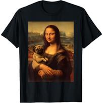 Da Vinci Mona Lisa holding Pug Dog _ Funny Cool Art Teacher T-Shirt for Men Women S juoda