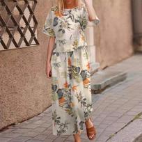 New women's clothing printed cotton and linen duty flower short-sleeved casual nine-point pants set polyester S