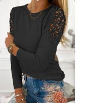 Spring Autumn Women T-Shirt S-3XL Femme Solid Color Slim Fit Lace Hollow Long Sleeve Top Ladies Soft Lightweight Casual Blouse S juoda