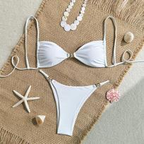 Sexy Triangle Mini Bikini Set Micro Thongs Solid Swimsuit Women Bathing Suit Biquini Bandage Beachwear Swimwear Thong Bikini XS balta