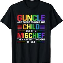 Vyriški T-shirtai: „Guncle“ (vaiko dėdė, žaidimų partneris), „Child Get Into Mischief“ (vaikas daro išdaigas), „Gay Uncle“ (homoseksualus dėdė), „Godfather“ (krikštatėtis) S juoda